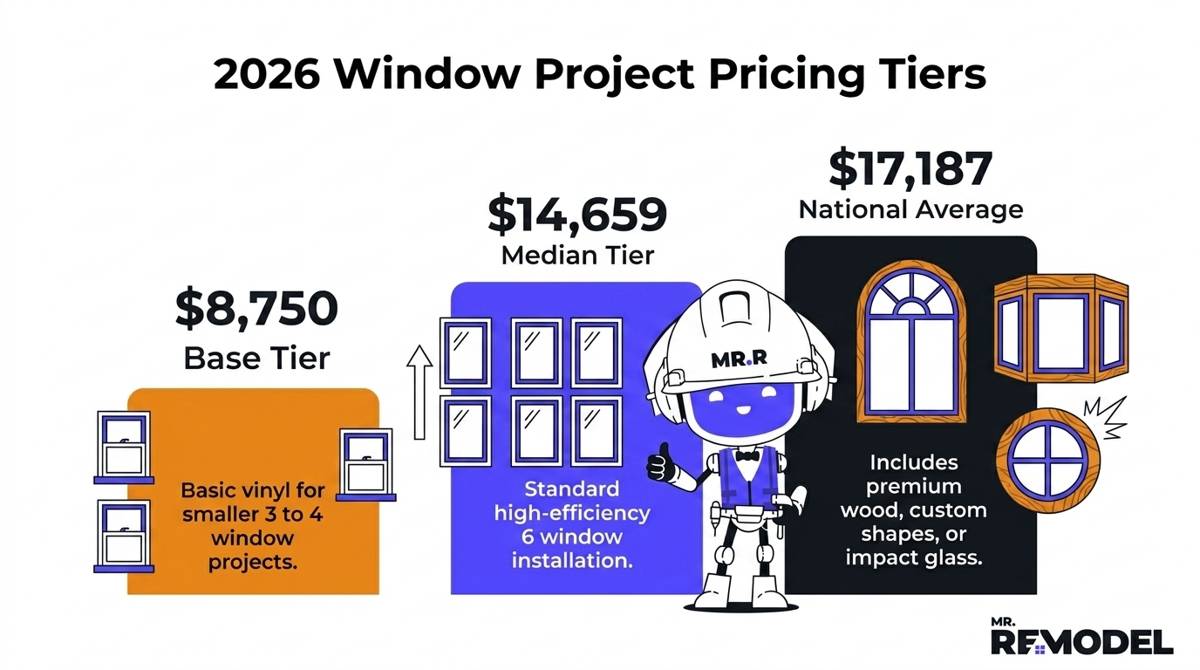 A 2026 window pricing tier infographic comparing the $8,750 base project, the $14,659 median, and the $17,187 national average.